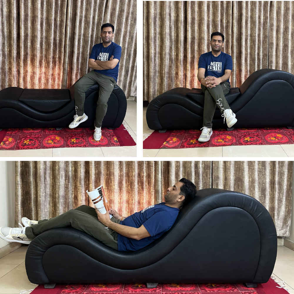 Premium Grey Fabric Tantra Chaise with Center Cushion – Sculpted Curve Sofa with Enhanced Support | Luvottica