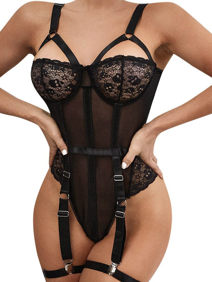 Black Lace Harness Bodysuit for Women