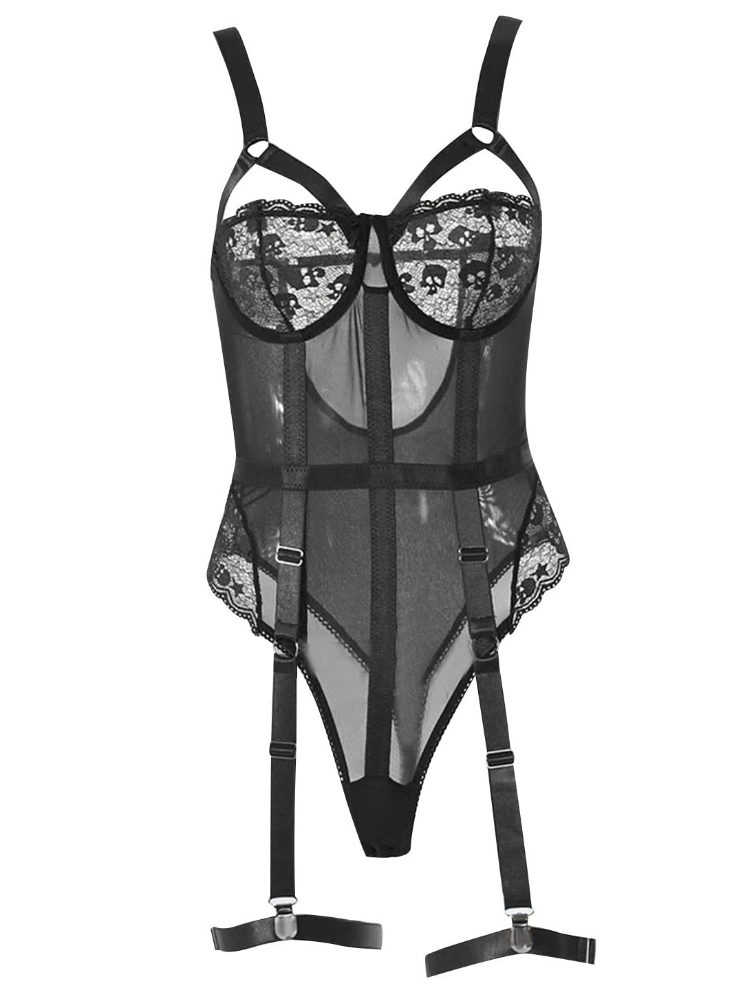 Black Lace Harness Bodysuit for Women