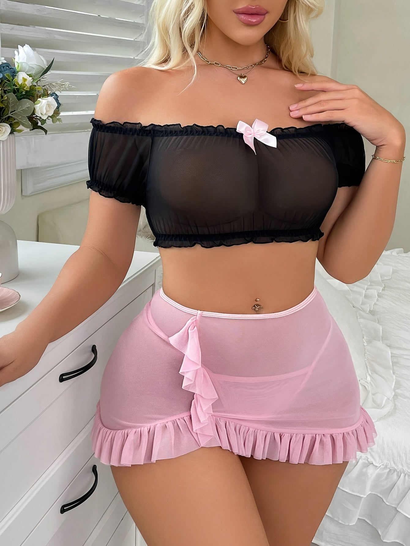 Black Sheer Off Shoulder Crop Top & Pink Mini Skirt