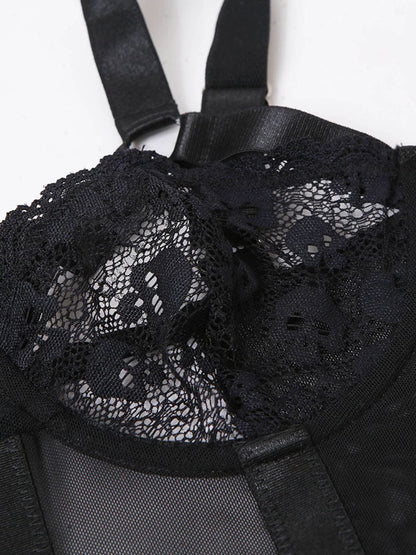 Black Lace Harness Bodysuit for Women