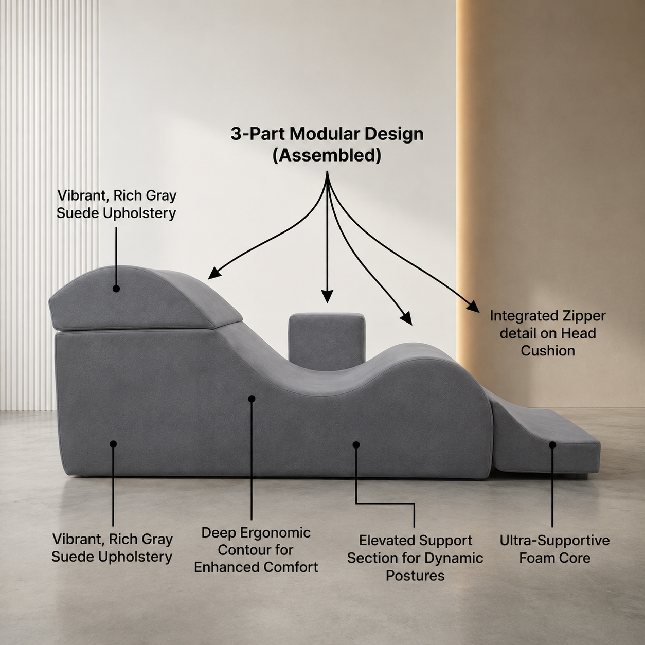 Luvottica Versa Tantra Couch Luxury Modular Chaise, Grey