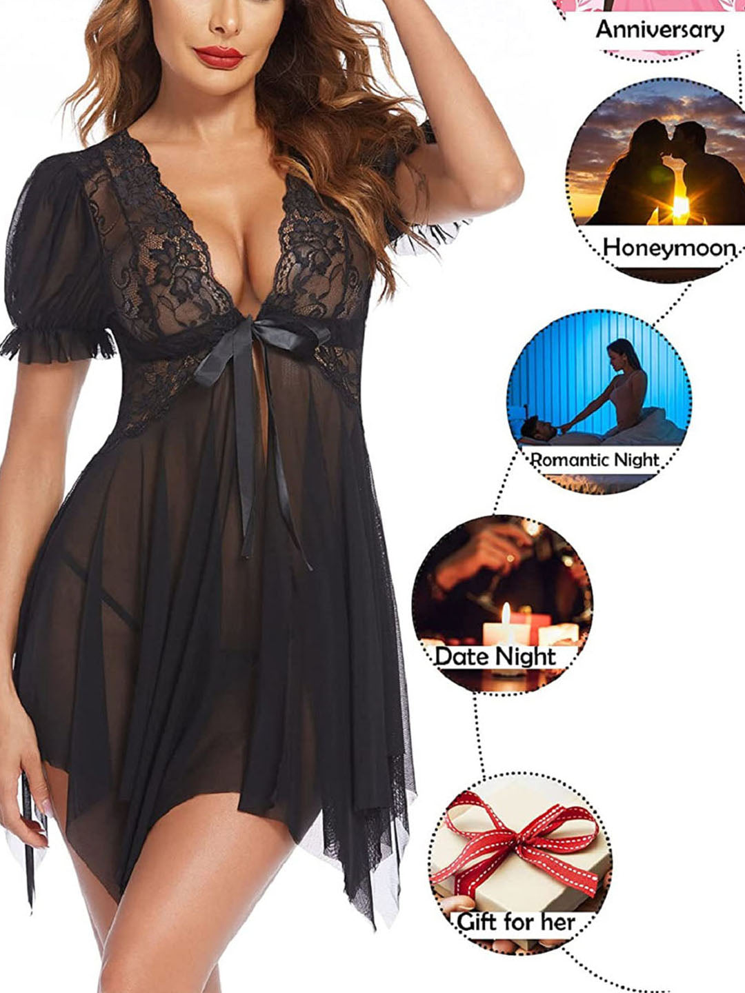 Sexy Front Open Mesh Nightdress, Deep V Nightwear