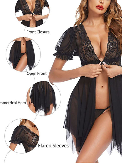 Sexy Front Open Mesh Nightdress, Deep V Nightwear