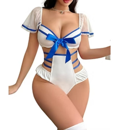 White & Blue Bow Lingerie Set for Women, Sexy Roleplay Outfit