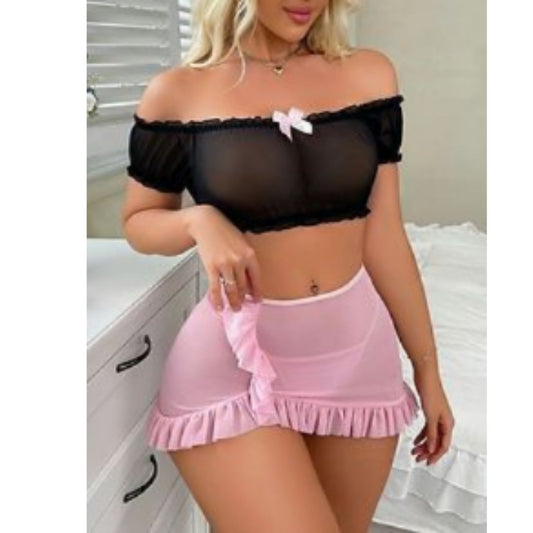Black Sheer Off Shoulder Crop Top & Pink Mini Skirt