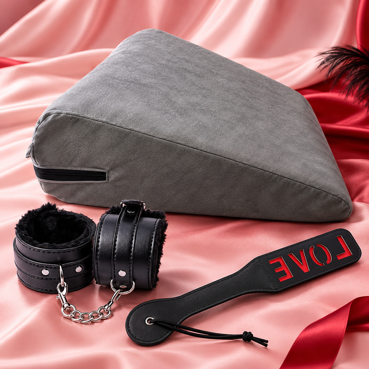 3 Piece Couples Set Triangle Love Pillow with Handcuffs and Spanking Paddle