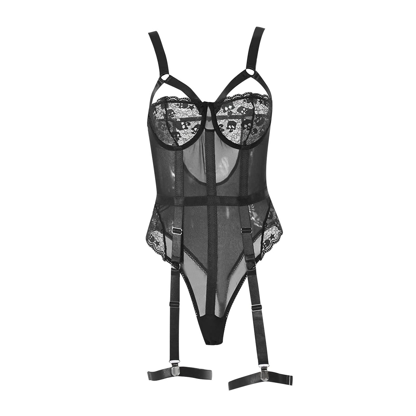 Black Lace Harness Bodysuit for Women