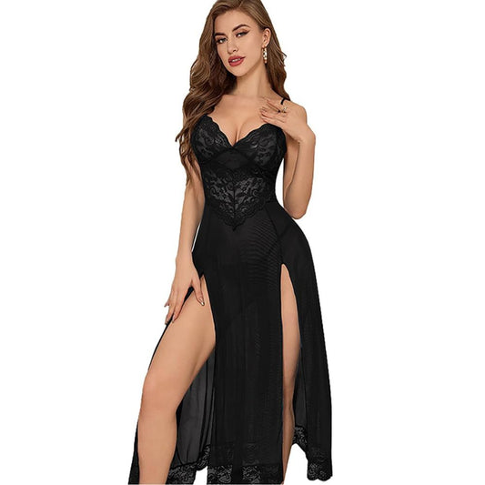 Elegant Lace Sheer Nightdress with Side Slits