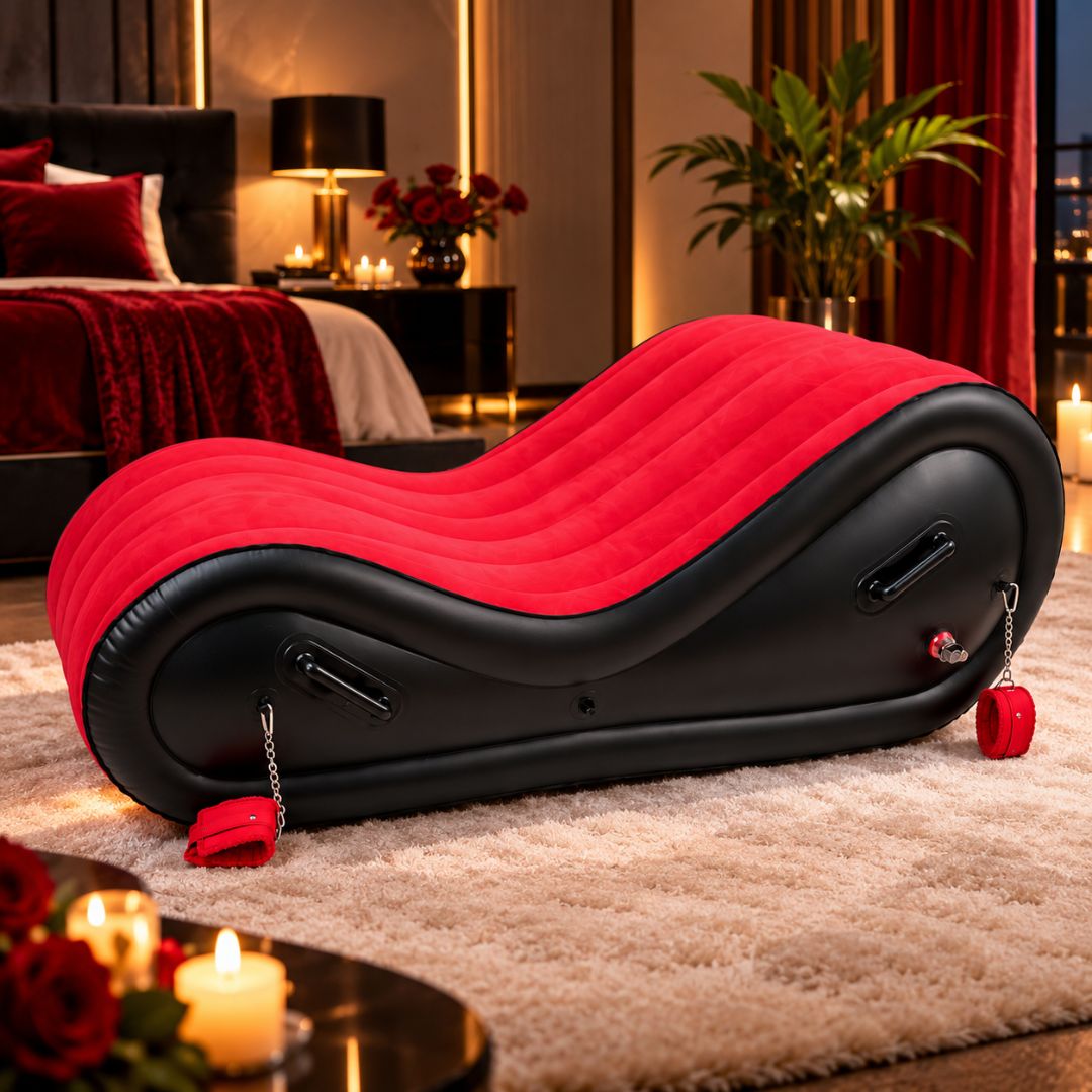 Red & Black Inflatable Couch (Includes Pump + Handcuffs) – Sculpted Curve Sofa with Enhanced Support | Luvottica