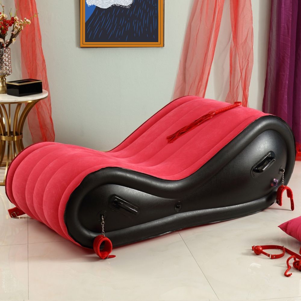 Red & Black Inflatable Couch (Includes Pump + Handcuffs) – Sculpted Curve Sofa with Enhanced Support | Luvottica