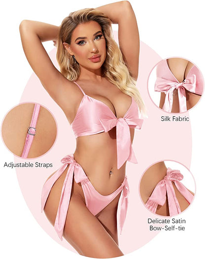 Seductive Satin Tie Front Two Piece Lingerie Set