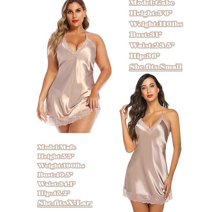 Silky Lace Trim Chemise Babydoll Nightdress for Women