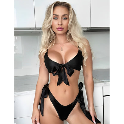 Seductive Satin Tie Front Two Piece Lingerie Set