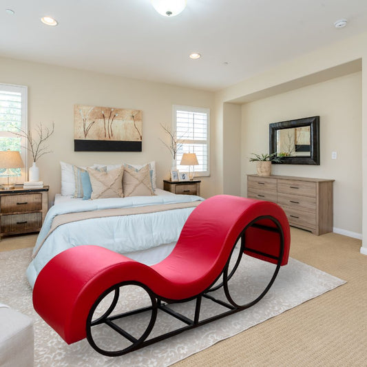 Hot Red Tantra Couch  with Sleek Black Metal Frame – Sculpted Curve Sofa with Enhanced Support | Luvottica