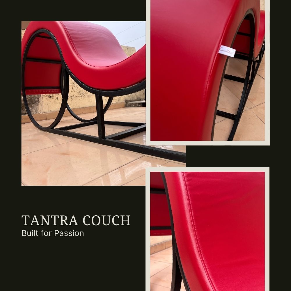 Hot Red Tantra Couch  with Sleek Black Metal Frame – Sculpted Curve Sofa with Enhanced Support | Luvottica