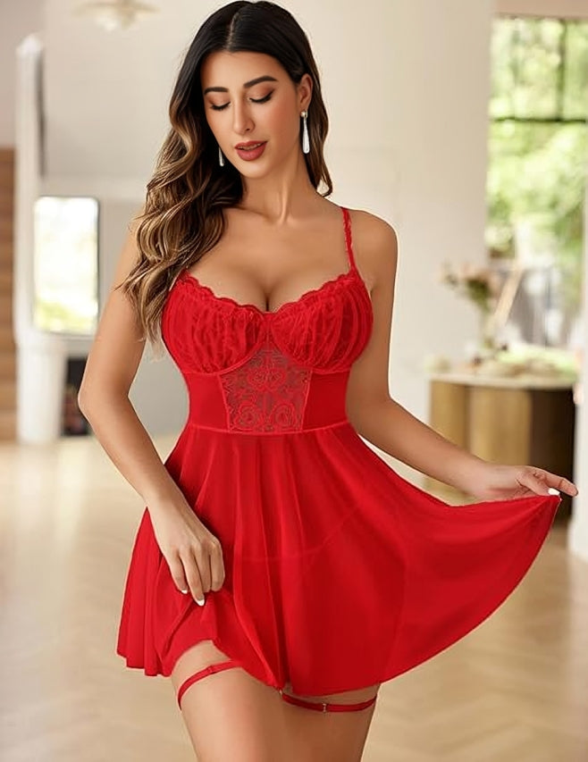 Sheer Lace Up Babydoll Dress